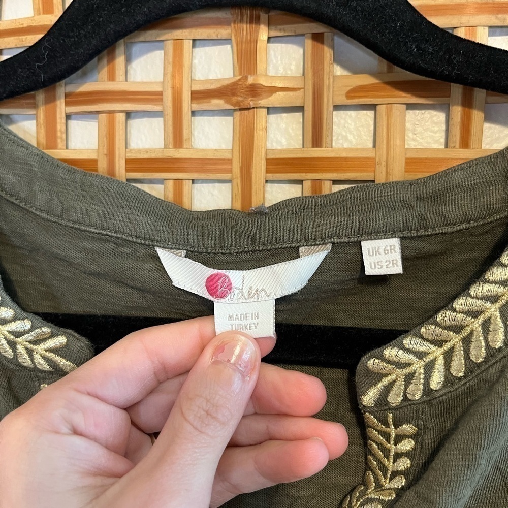 Boden Army Olive Green Gold Dora Embroidered Tie Waist Jersey Dress Size 2R - Picture 8 of 14